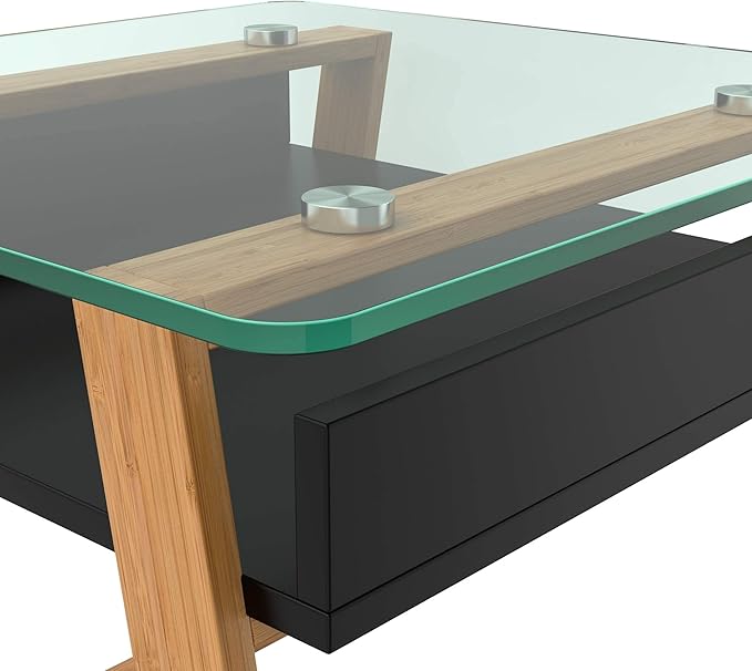 bonVIVO Pablo Black Side Table – Square Wooden Coffee Table with Glass Top, Stylish Living Room Table, Small Bedside Table, Modern End Table for Sofa, Bedroom or Lounge Décor