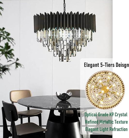 8-Light Large Crystal Chandeliers 24" Dining Room Light Fixture 5-Tier Flush Mount Smoke Gray and Black Crystal Chandelier Round Pendant Light for Dinning Room Living Room Entryway Foyer