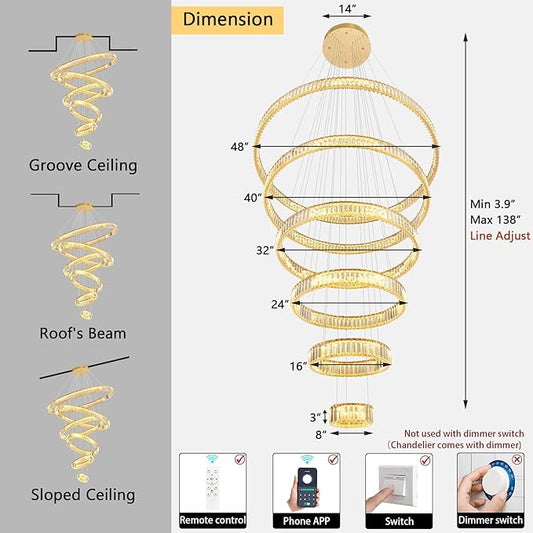 Large Ring Chandelier Modern Crystal Chandeliers for High Ceiling Round LED Dimmable Ceiling Light Fixture for Foyer Long Stair Gold 8''+16''+24''+32''+40''+47''