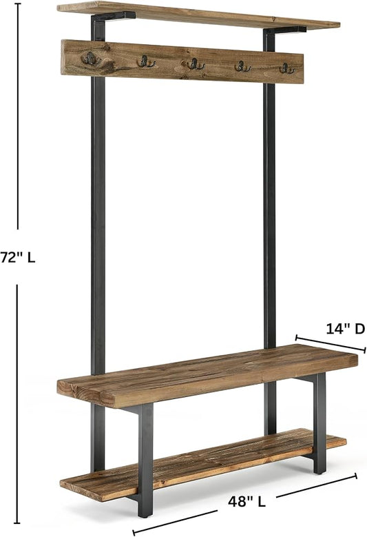Alaterre Furniture Pomona Entryway Organizer – Modern Farmhouse 48-Inch Solid Wood Hall Tree with Bench, Shelves & Metal Coat Hooks – Mudroom & Foyer Storage for Jackets, Bags & Shoes (Rustic Brown)