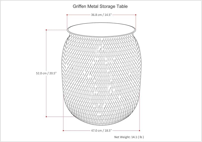 SIMPLIHOME Griffen Metal Storage Accent Table - 19 inch Wide Solid Metal Round Drum Side Table in Antique Gold, Contemporary End Table for Living Room with Hidden Storage Space, Assembled