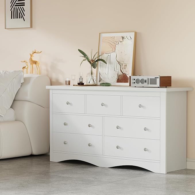 Furmax Dresser for Bedroom, 7 Wood Dresser, Chest of Drawers, for TV up to 65 inch, TV Stand Storage Chest of Drawers for Hallway Entryway (White)
