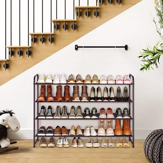 KIMBORA 4 Tier Long Shoe Rack for Closet, Wide Shoe Storage Organizer Stackable Sneaker Shelf for Floor, Bedroom 30 Pairs (Bronze)
