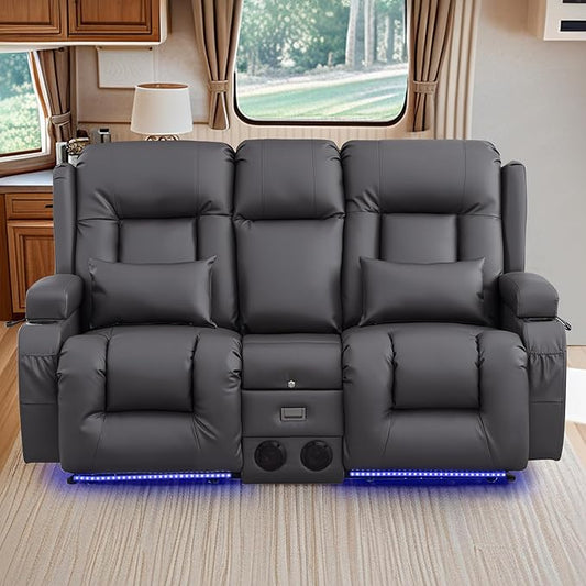 TUNYI Wall Hugger Loveseat Recliner Sofa with Console, Power Reclining Loveseat RV Couch with Massage & Heat/USB/Outlet/Storage/LED Light/Speaker (Light Grey, 2 Seat with Console)