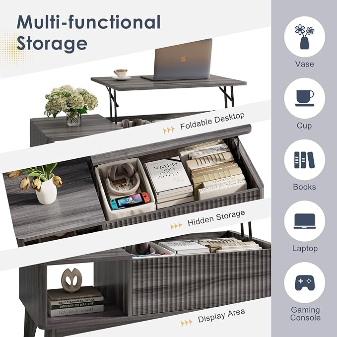 LYNCOHOME Fluted Lift Top Coffee Table with Storage,Modern Center Table for Living Room, Home Office(Grey)