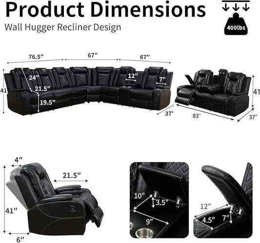 Power Leather Recliner Sectional Sofa with LED Light,L Shaped Reclining Couch with USB Charger/Cup Holder/Storage,Leather Sofa for Living Room/Home Theater(Black,Sectional+3 Seats)