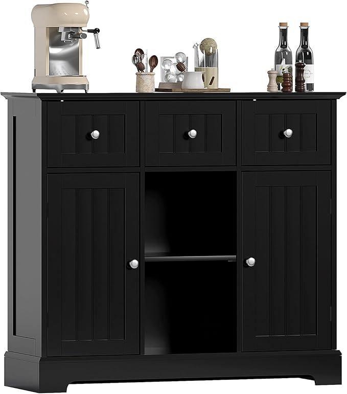 ChooChoo Buffet Cabinet, Coffee Bar with Drawers and Doors, Sideboard Storage with Shelves for Kitchen, Dining Room, Living Room, Black