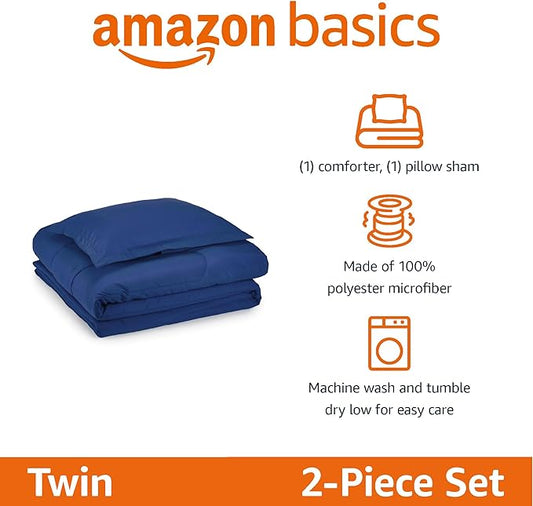 Amazon Basics 2-Piece Soft Microfiber Kid's Comforter and Pillow Sham Set, Twin, Navy, Solid
