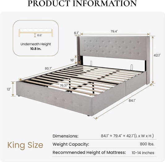 SHA CERLIN King Size Lift Up Storage Bed Frame,Button Tufted Wingback Headboard,Upholstered Platform,Hydraulic Storage,Wooden Slat Support,No Box Spring,Light Beige