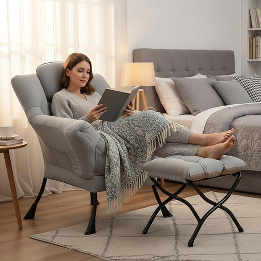 Cozy Lazy Chair and Ottoman, Large Light Grey Contemporary Accent Chair Set, Leisure Upholstered Reading Armchair for Office, Bedroom, Living Room, Dorm Rooms, Balcony
