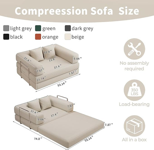 BSHOMGI 4 in 1 Futon Sofa Bed Queen Size - Foldable Convertible Sleeper Sofa Couch, Removable Washable Corduroy Cover, Space Saving Floor for Living Room (Beige, 53.15" Double Sofa)