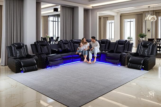 A Ainehome Power Recliner Sectional Sofa, Living Room Furniture Sets, Leather Power Reclining Sofa Set, Sectional Reclining Couch with LED/Storage Console for Living Room/Office(A-Black)