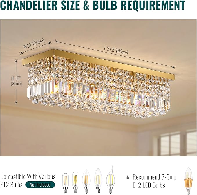 Siljoy 6-Light Modern Crystal Chandelier, Gold Rectangular K9 Crystal Raindrop Chandelier Flush Mount Ceiling Light Fixture for Dining Room Living Room Kitchen Island L31.5'' x W10'' x H10''