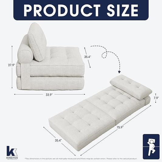 KINGYES Folding Chair Bed, 3 in 1 Convertible Sleeper Chair with Pillow, Beige