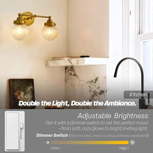 Vintage Double Arm Brass Wall Sconce Lighting, Clear Ribbed Glass 2-Lights Bathroom Vanity Light Fixture for Dining Room Bedroom Living Room Corridor