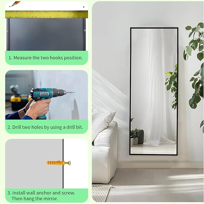 Floor Length Mirror, Wall Mirror Full Length with Aluminum Metal Frame, Floor Mirrors for Nursery, Baby Room, Bathroom, Entryway. (48x16 inch, Black)