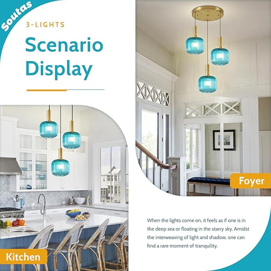 3-Light Pendant Chandelier Gold Cluster Pendant Lighting Blue Glass Pendant Lights Kitchen Island Lights Ceiling Hanging Modern Dining Room Pendant Light Fixtures Over Table