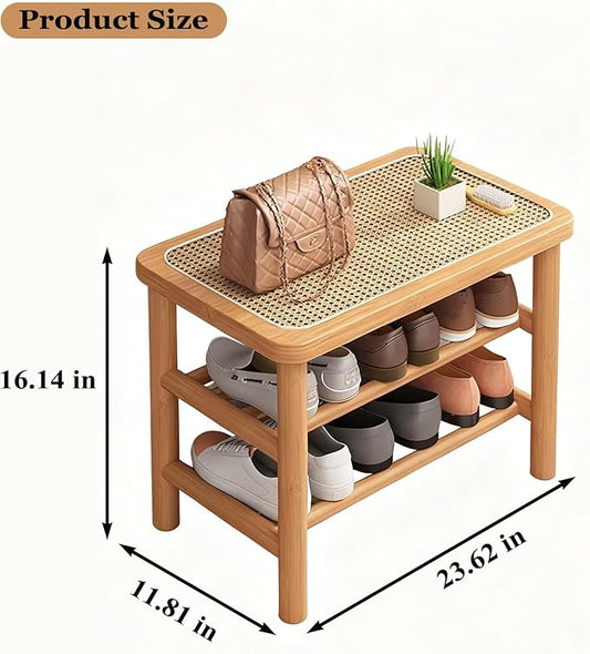 Bamboo Shoe Rack Bench with Rattan Seat, 3-Tier Shoe Storage Bench, Entryway Bench for Hallway Nature-23.62 inches