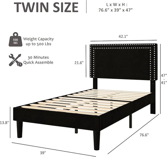 VECELO Twin Size Platform Bed Frame with Adjustable Upholstered Headboard, Nailhead Decor, Strong Wood Slat Support, No Box Spring Needed, Easy Assembly