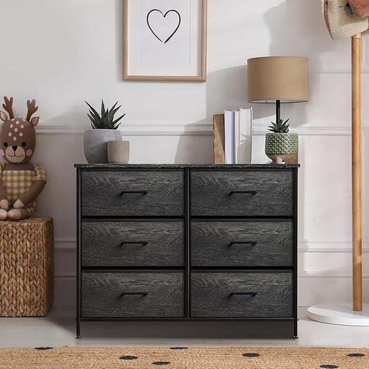 Sorbus Dresser with 6 Faux Wood Drawers - Chest Organizer Unit with Steel Frame Wood Top & Handle Easy Pull Fabric Bins for Clothes - Storage Furniture for Bedroom, Hallway, Living Room & Closet