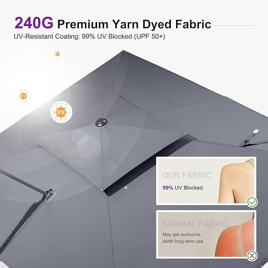 PURPLE LEAF 10' X 13' Cantilever Patio Umbrella with Base 360° Rotation & 6-Level Tilt Heavy Duty Aluminum Frame Fade-Resistant Double Top Offset Umbrella for Backyard Poolside & Outdoor Dining Grey