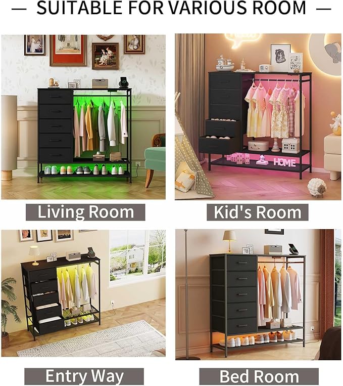 Dresser for Bedroom, Dresser with Hanging Rack Led Lights and Charging Station, Black Bedroom Dresser with 5 Fabric Chest of Drawers with PU Finish Storage Organizer, for Living Room Hallway, Black