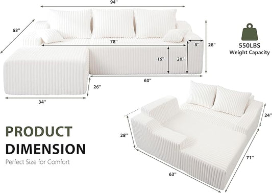 HABUTWAY 94'' Cloud Sectional Couch, Boneless Sofa with Deep Seat, Modular Comfy L-Shape Couch with Chaise for Living Room Bedroom, No Assembly Required(Beige,Left Facing Chaise)