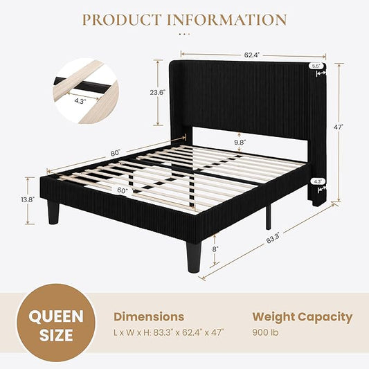 SHA CERLIN Queen Size Corduroy Upholstered Platform Bed Frame with Vertical Channel Tufted Wingback Headboard, 8" Under Bed Storage, Wooden Slats & Metal Frame Support, Easy Assembly, Black