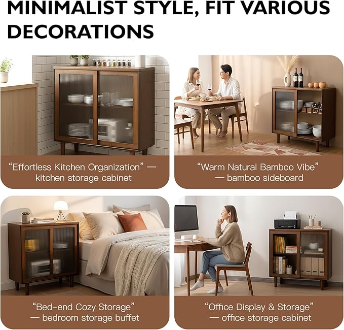 Tiita Bamboo Sideboard Buffet Cabinet, Rattan Kitchen Storage Cabinet, Boho Coffee Bar Tables for Kitchen Living Room Hallway Office, Walnut