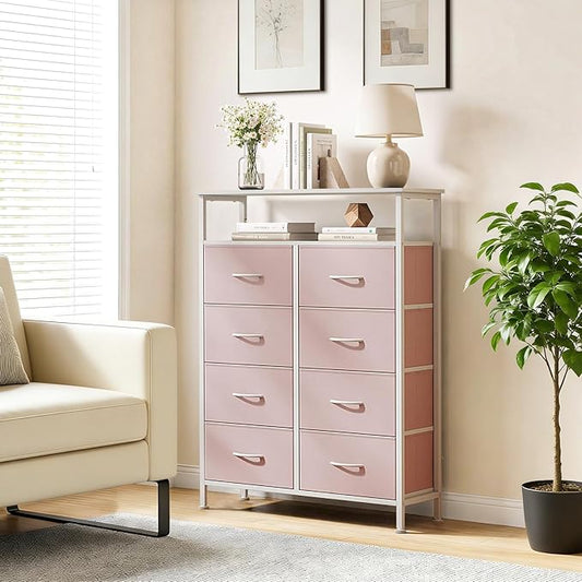 8 Drawers Dresser with Open Shelf, 46" Tall Storage Organizer Chest of Drawer with Wooden Top, Sturdy Metal Frame for Bedroom, Hallway, Living Room, Pink
