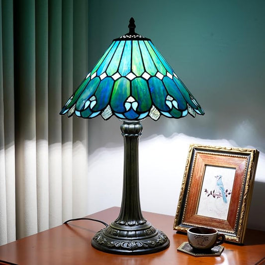 Tiffany Lamp Stained Glass lamp 12x12x18 Inches Bedside Table Lamp for Living Room Bedroom Dorm Kitchen Home Decor Festival Birthday Gift,Sea Blue