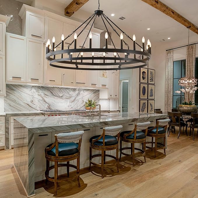 53 inch Large Black Wagon Wheel Chandelier,Farmhouse Industrial Country Style Round Pendant Light Fixture,Round Ceiling Light fixtures for Outdoor Porch high Ceilings Living Foyer Entryway