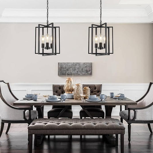 Black Farmhouse Modern Chandelier Light Fixture for Dining Room, 3 Light Rustic Kitchen Island Metal Pendant Hanging, Adjustable Geometric Foyer Light Fixtures for Entryway Hallway Living Room