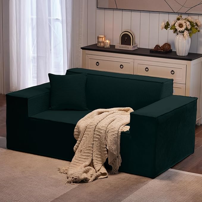 SUYOLS Corduroy Cloud Couch with Pillow, Premium Memory Foam, No Assembly Required, Deep Seat Sofa in Box, Space-Saving Chair for Home, Living Room, Bedroom, Apartment, Office, Loveseat, Dark Green