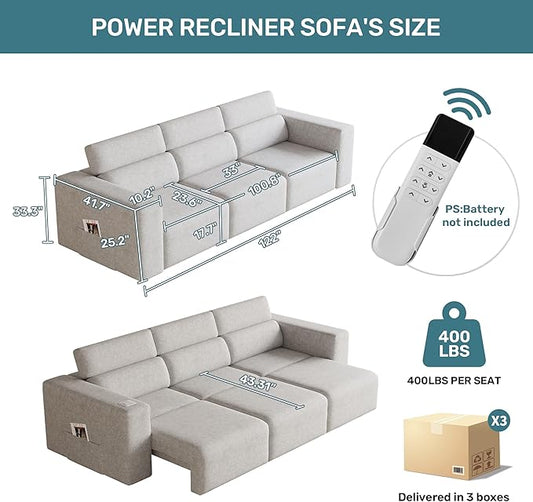 122” Electric Pull Out Sleeper Sofa Bed, 3-Seat Recliner Sofa Modular Couch with Bluetooth Stereo, Wireless Charging, Side Pocket, Power Recliner Couch for Living Room, Home Theater, Apartment(Grey)