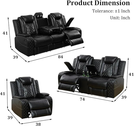 Leather Power Recliner Sofa Set with LED Light,Living Room Furniture Set, Leather Reclining Sofa Set with USB Port Storage Armrest(Sofa+Loveseat+Chair, Black)