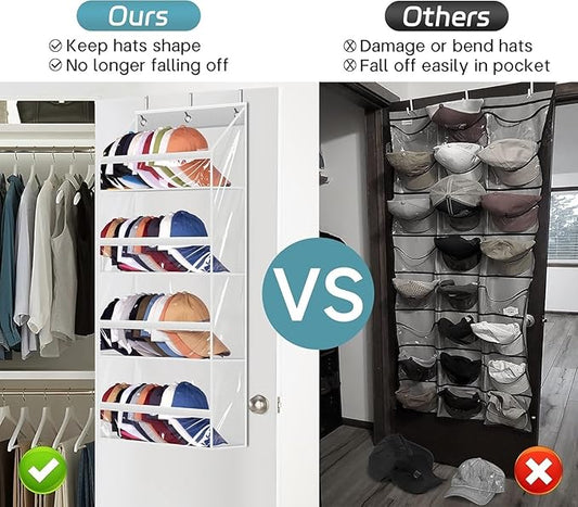 AOODA Clear Over the Door Hat Racks for Baseball Caps, Hold 48 Caps Hat Storage Organizer for Closet Wall, Deep Pockets Hanging Snapback Holder Shelves with 3 Hooks, White