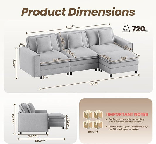MALOL Modular Sectional Sofa 107", Comfy Cloud Couch with Ottoman, Deep 4-Seat L Shaped Modular Sofa, Couches with Throw Pillows for Living Room, Light Grey