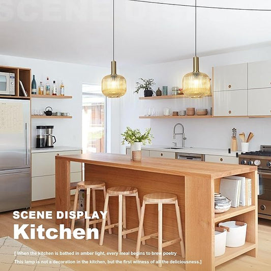 Plug in Light for Ceiling, Amber Glass Pendant Lights Gold Kitchen Island Hanging Lights Modern Mid Century Pendant Lights Globe Plug in Swag Lamps for Dining Room Living Room, 2 Pack