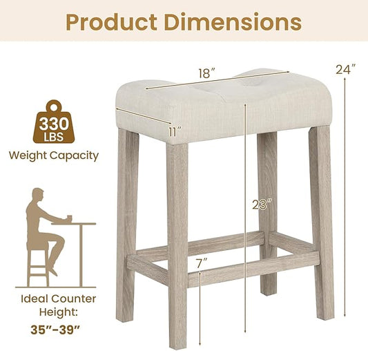 ERGOMASTER 24” Counter Height Saddle Stools, Upholstered Bar Stools, Solid Rubber Wood, Button-tufting Seat, Light Beige/Light Wood, Set of 2