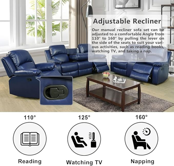 Vegan Leather Recliner Loveseat Couch 2 Seater Reclining Sofa Manual Reclining Couch Living Room Couch with Cup Holders & Middle Storage Console for Home/Office/Rv Car (Purple Blue, Loveseat)