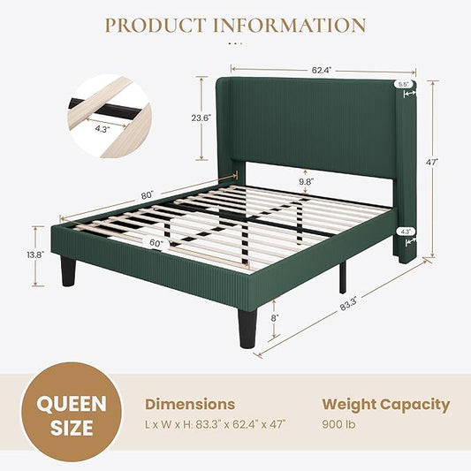 SHA CERLIN Queen Size Corduroy Upholstered Platform Bed Frame with Vertical Channel Tufted Wingback Headboard, 8" Under Bed Storage, Wooden Slats & Metal Frame Support, Easy Assembly, Dark Green