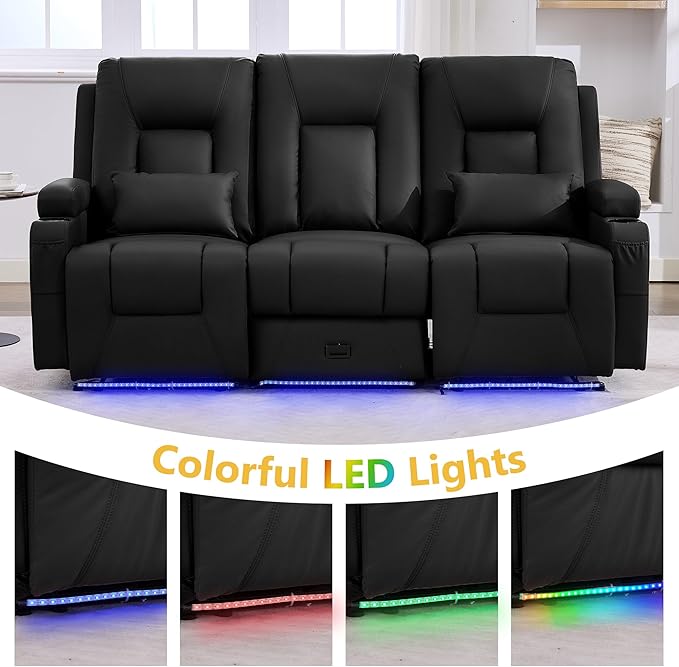 URRED Power Loveseat Recliner Sofa with Console, Wall Hugger Reclining Loveseat RV Couch with LED Light, 150° Zero Gravity Recliners Modular Couches for Living Room (Black, 77.3'' - 3 Seats)