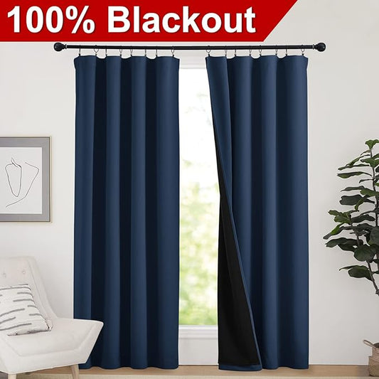 NICETOWN Complete 100% Blackout Curtains, Thermal Insulated & Energy Efficiency Window Draperies for Guest Room, Full Shading Panels for Shift Worker and Light Sleepers (Navy, 52W x 84L, 2 PCs)