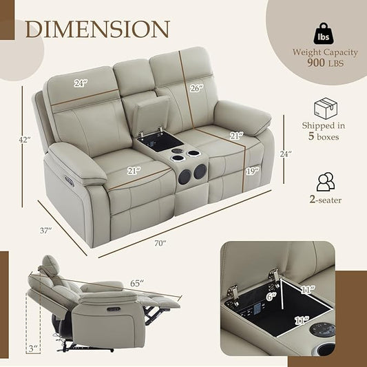 Power Reclining Loveseat with LED Reading Light/Storage Drawer/Bluetooth Speakers, Power Loveseat Recliner Sofa Wall Hugger Reclining Loveseat with Outlets(Grey, 2 Seat with Console)