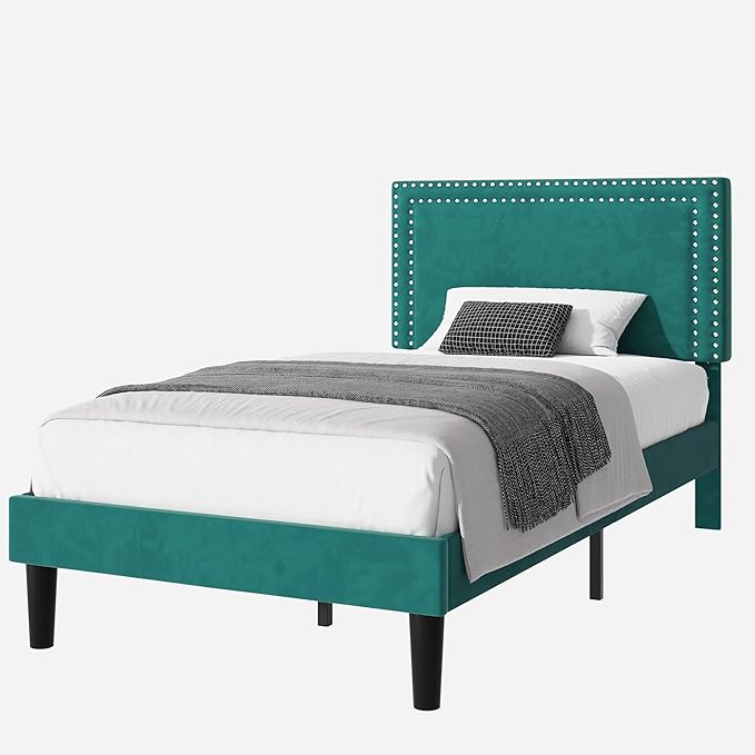 Twin Size Platform Bed Frame with Height Adjustable Upholstered Headboard, Modern Mattress Foundation,Strong Wood Slat Support, No Box Spring Needed, Easy Assembly