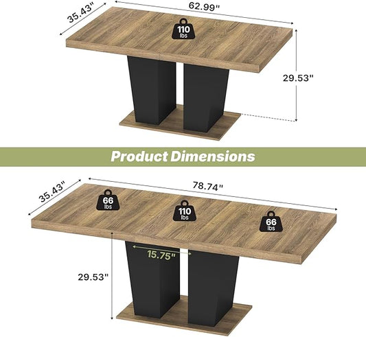63"-78.7" Expandable Dining Table, 6-10 Rectangle Table, Extendable Console Table, Wooden Farmhouse Kitchen Table with Metal Track & Dual Column Base for Living, Office-Brown