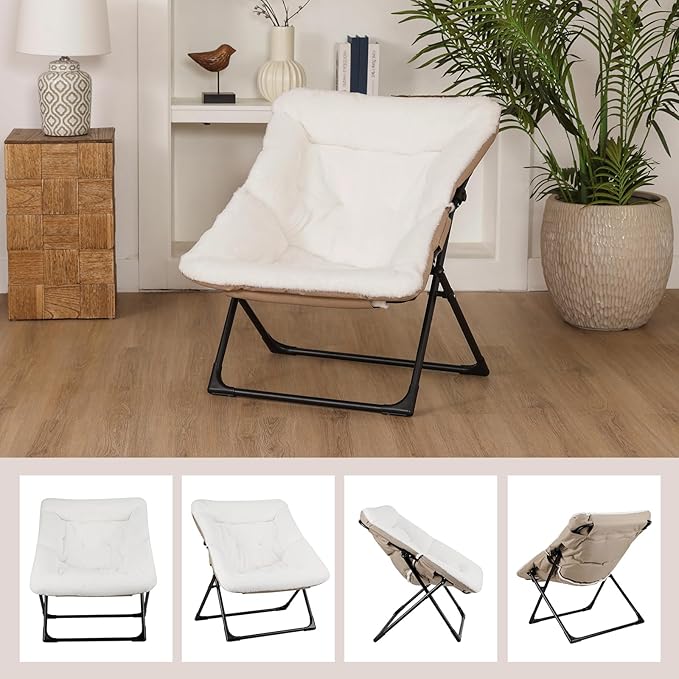 Comfy Saucer Chair for Adults, Soft Faux Fur Bedroom Chair, Accent Dorm Chairs, Flexible Living Room Reading Chairs, Oversized Folding Seat for Teens, X-Large, White