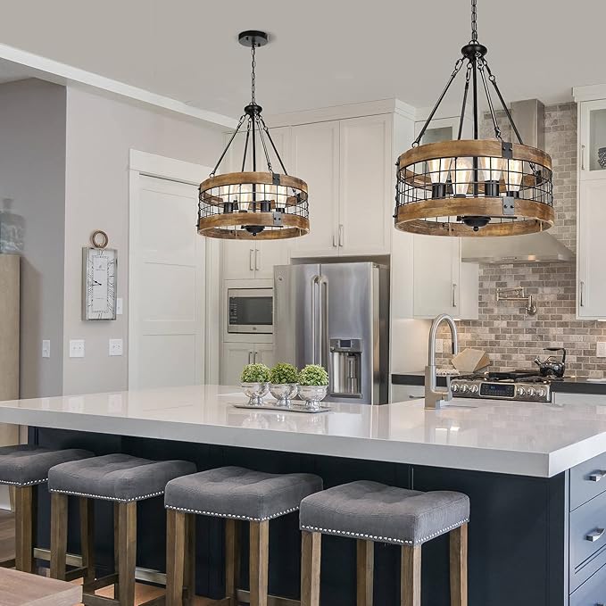 4-Light Rustic Chandelier for Entryway, Round Farmhouse Light Fixtures for Dining Room, Industrial Drum Hanging Pendant Lighting for Kitchen Island, Nature Wood Texture and Black Metal Finish