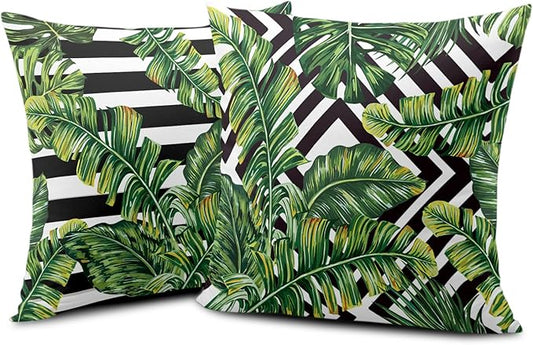 Tropical Green Banana Leaf Throw Pillow Covers Black and White with Stripe Pillowcase Square Decorative Cushion Cases Cotton Blend Outdoor Decor 20x20 in 2 Pcs for Beach Sofa Bed